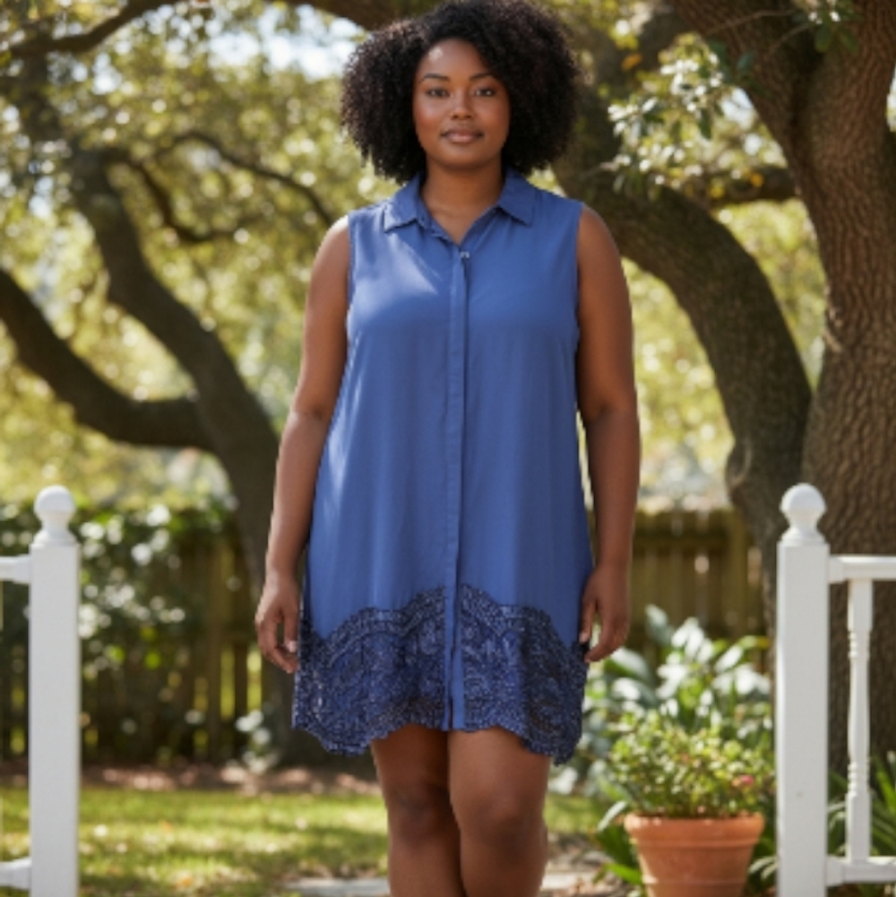 Chico's Sleeveless Blue Midi Dress with Lace Hem